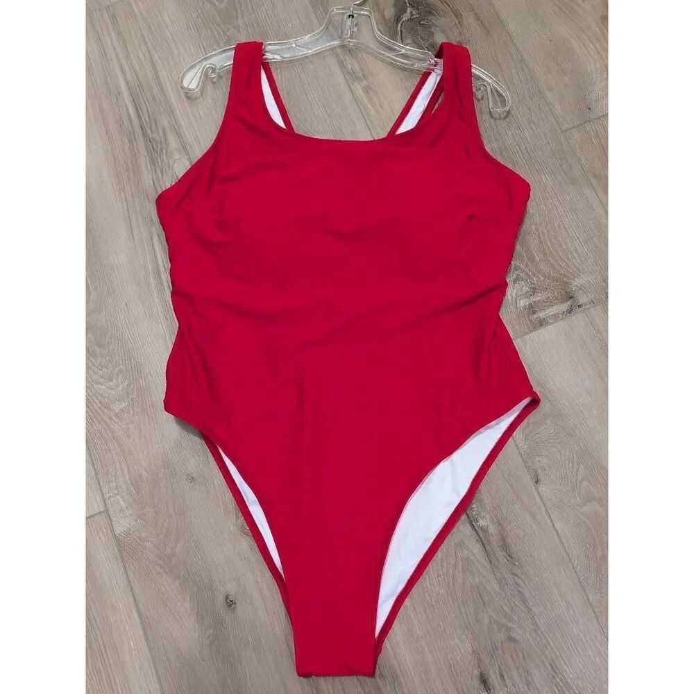 One Piece Swimsuit Plus 2X Red High Cut Open Back Padded Shelf Bra NWOT
